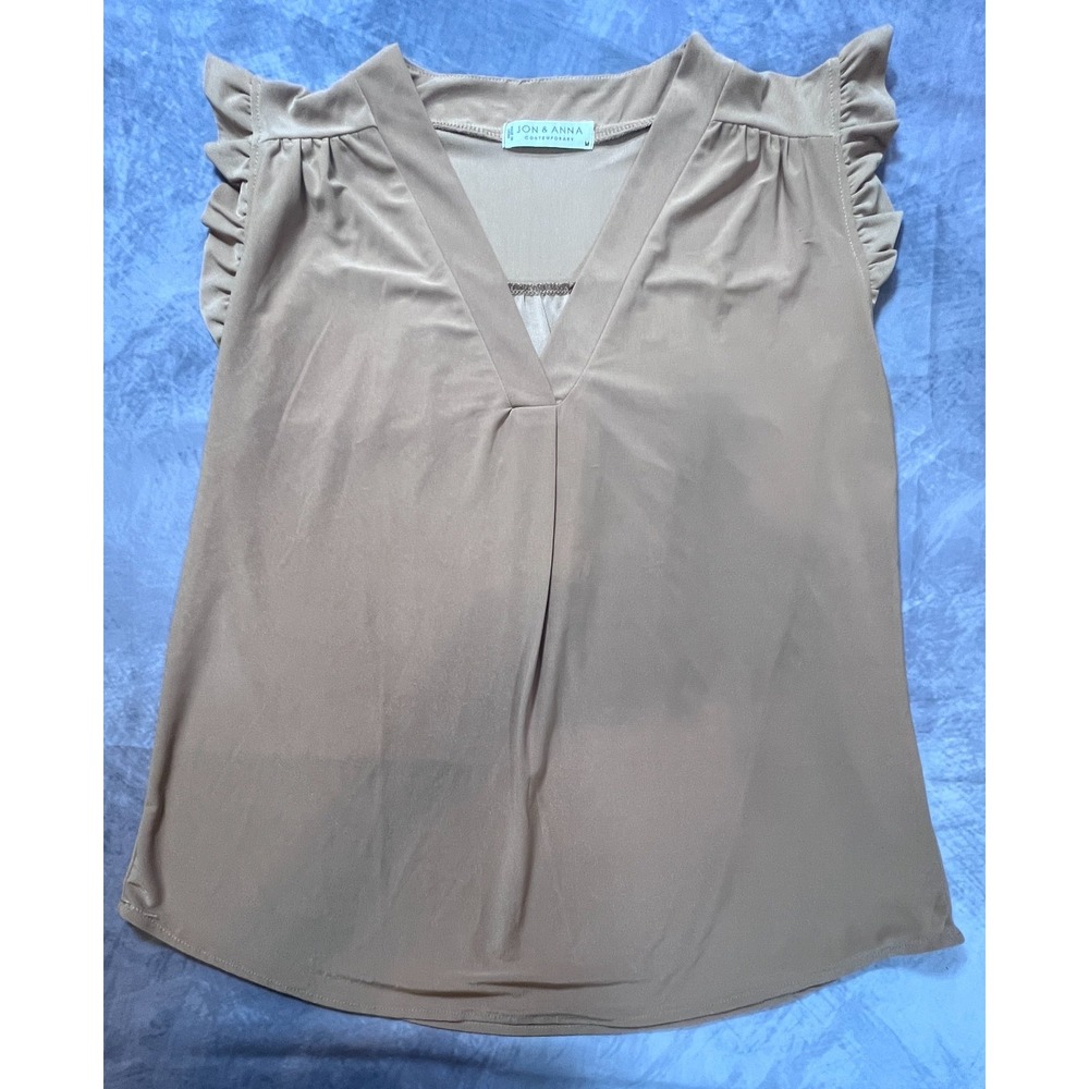 Jon & Anna Contemporary Blouse Womens Medium Beige V Neck Ruffle Sleeve Top